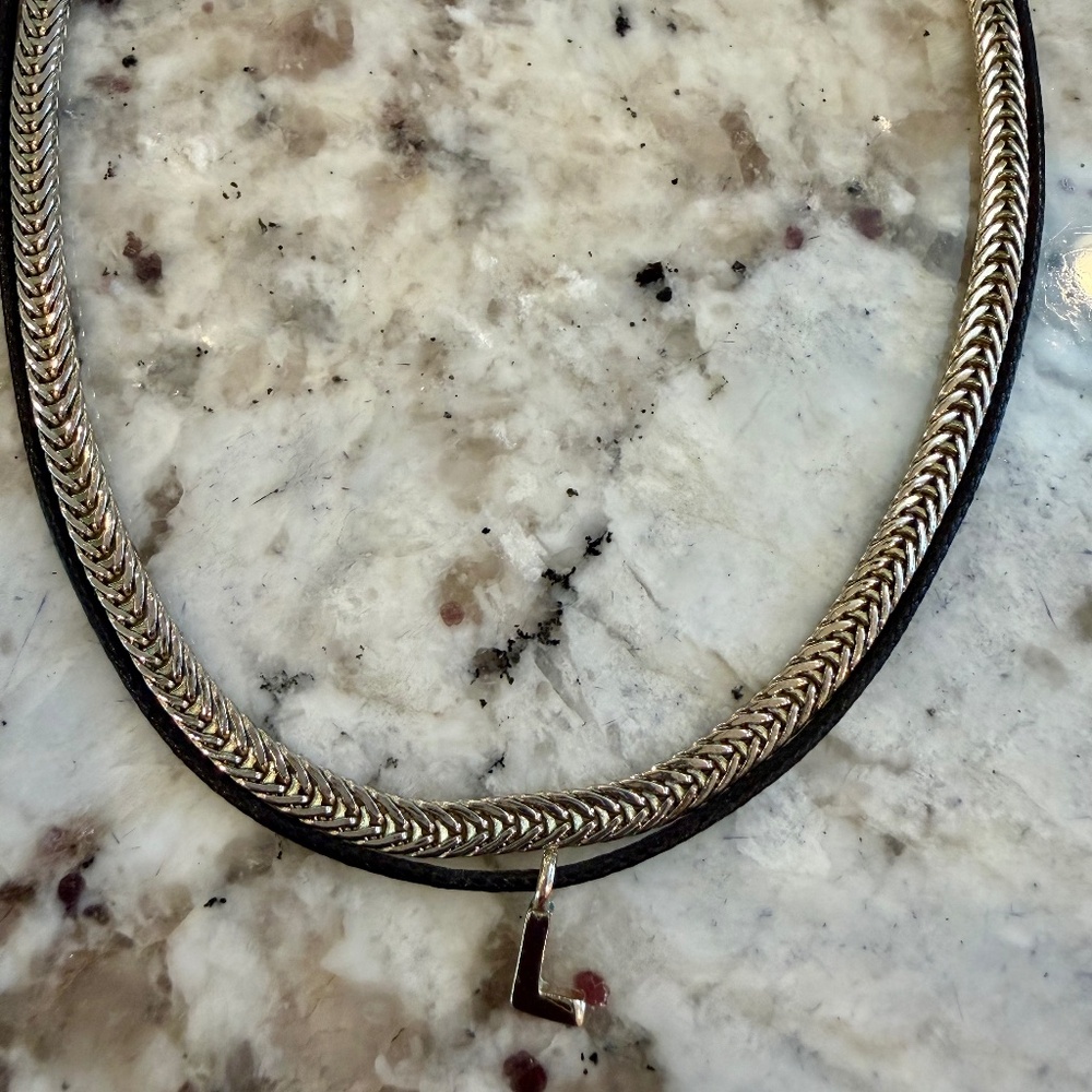Layered Silver Chain and Black Leather Cord with L Initial Choker by Express